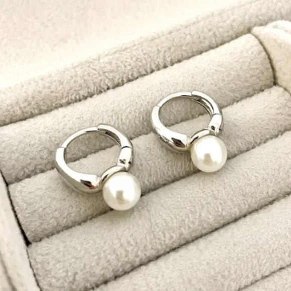 925 Sterling Silver Pearl Huggie Earrings Small Huggie Hoop Earrings - Picture 4 of 9